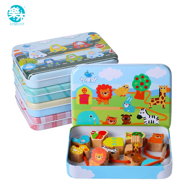 Wooden Toy Cartoon Animals Fruit DIY Toy Beads toy Stringing Threading Beads Game Education Toy for Baby Kids Children