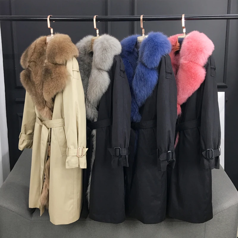 

rf0328 Natural Fur Coat Women's Trench Coat with Real Fox Fur Lining Double Breasted Long Sleeve Fox Fur Coat