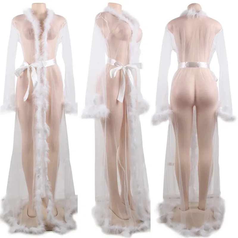white sexy robe Comeondear, женское фантазийное нижнее белье с мехом, Эротическое нижнее белье, большой размер, халат, прозрачное, длина до пола, ночная сорочка, RA80759 - Цвет: white sexy robe