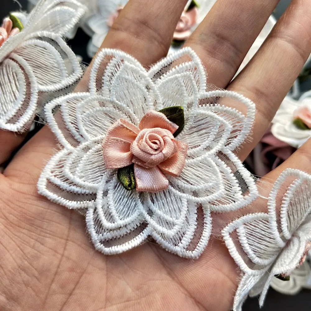 12x7*7 см 3D цветок DIY растворимые Свадебные Кружева отделка Вязание вышитые ручная