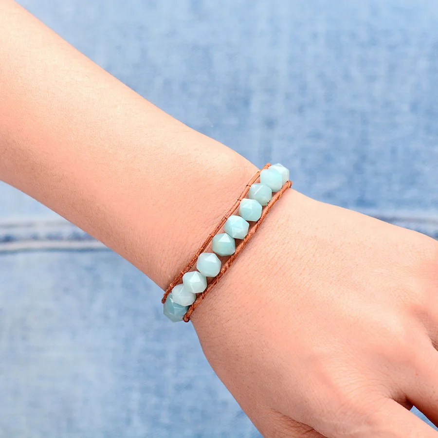 Новый DIY натуральная кожа Amazonite браслеты с бусинами из натурального камня