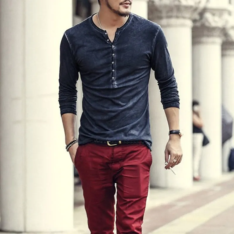 Мужские весенние Рубашки с v образным вырезом и длинными рукавами пуговицы для
