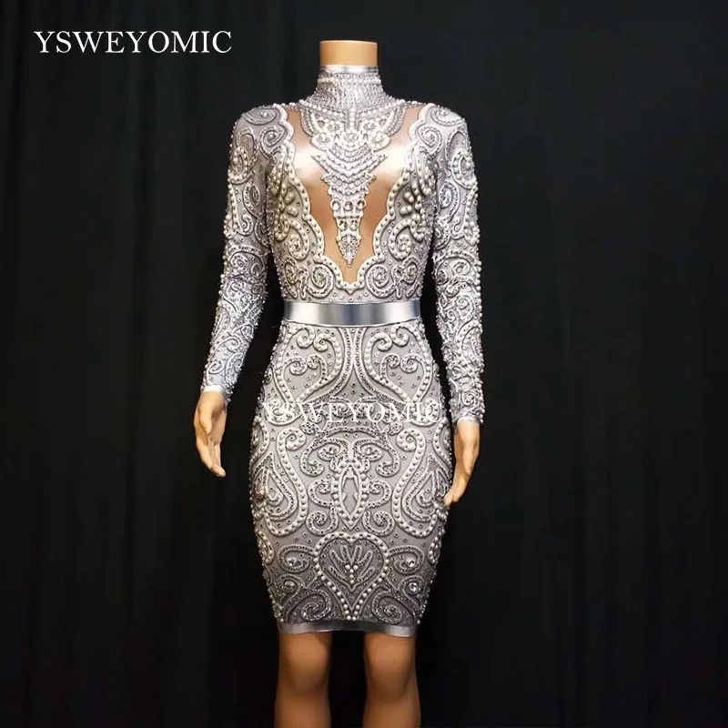 

Gold Silver Women Sexy Rhinestone Pearl Long Sleeves Dress Singer Costumes Birthday Celebrate Stage wear Evening Wear Dress
