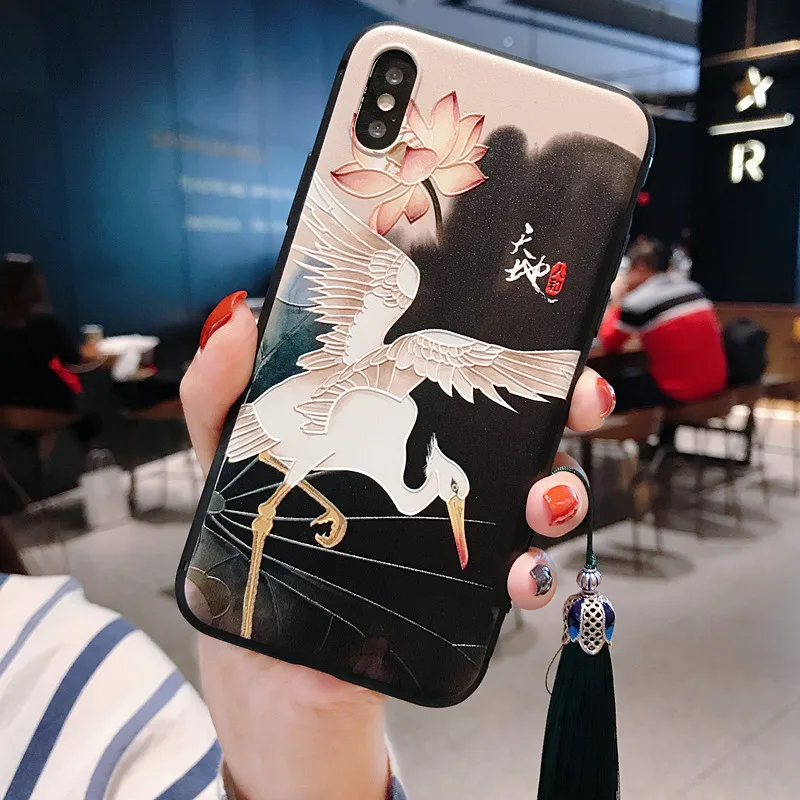 Китайский стиль тисненый чехол для телефона с кисточкой для iPhone 11 Pro Max XS MAX XR мягкая задняя крышка для iPhone X 8 7 6S 6 Plus Coque