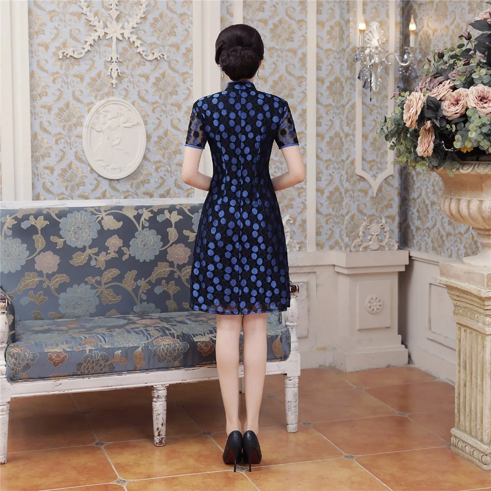 

Shanghai Story Lace Aodai Vietnam Dress For Women Traditional Clothing ao dai Dresses Knee Length Oriental Dress Blue Cheongsam