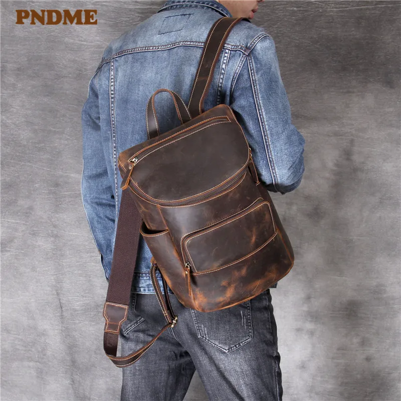 PNDME vintage high quality simple crazy horse cowhide men's women's backpack genuine leather handmade travel bookbag bagpack