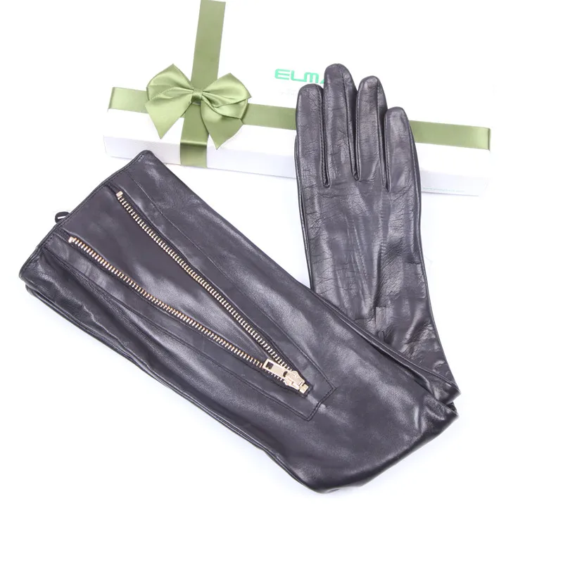 Woman's Real Leather Long Gloves Imported Sheepskin Thin Velvet Lined Metal Zipper High Quality Leather Gloves Female EL043NN