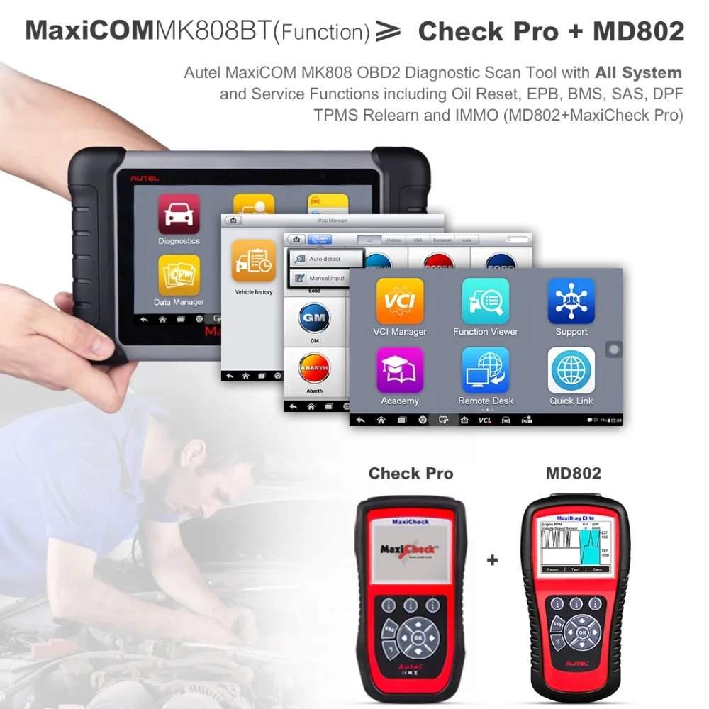Autel MaxiCOM MK808BT OBD2 сканер автомобильный диагностический инструмент функции