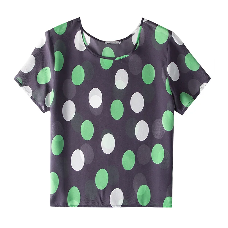 Женская футболка в горошек из 100% натурального шелка с коротким рукавом и принтом