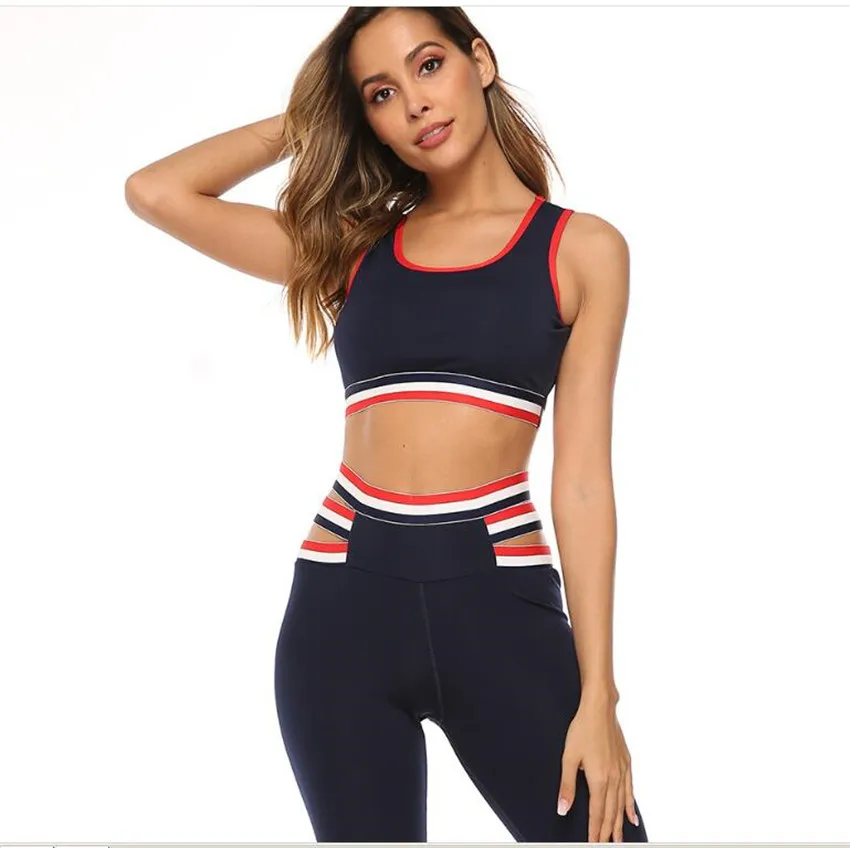 Комплект из 2 предметов для йоги, спортивный костюм, женская одежда для спортзала, полосатый спортивный костюм для фитнеса, Женская Спортивная одежда для бега, одежда для тренировок