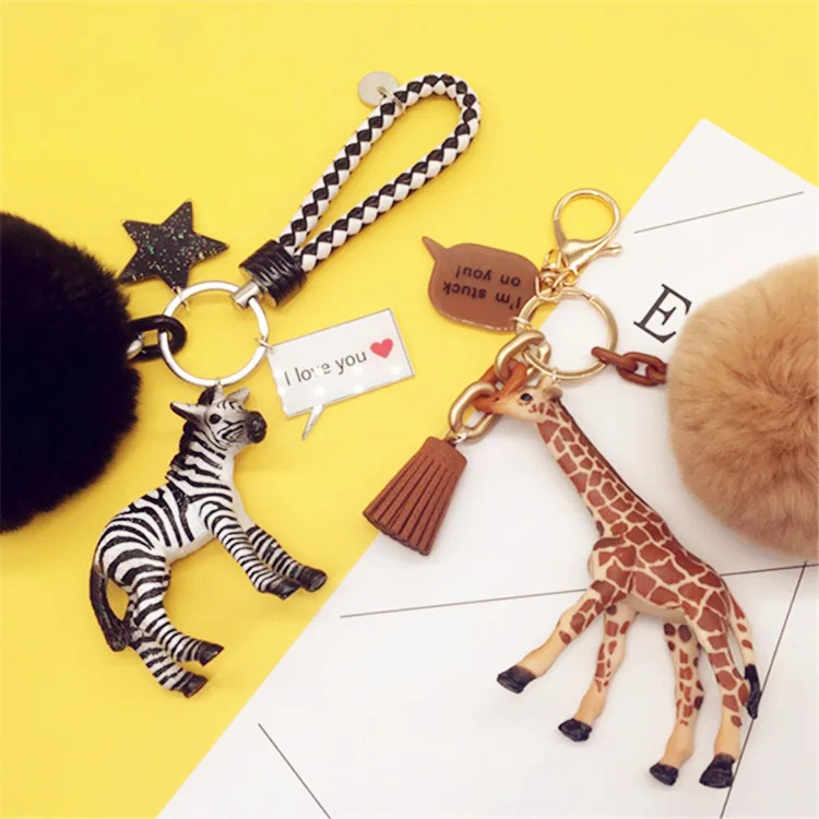 Keychain Couple Cute Zebra Giraffe Bag Hanging Car Key Chain Rabbit Hair Ball Pompom DIY Eternal Flower Women Gifts | Украшения и