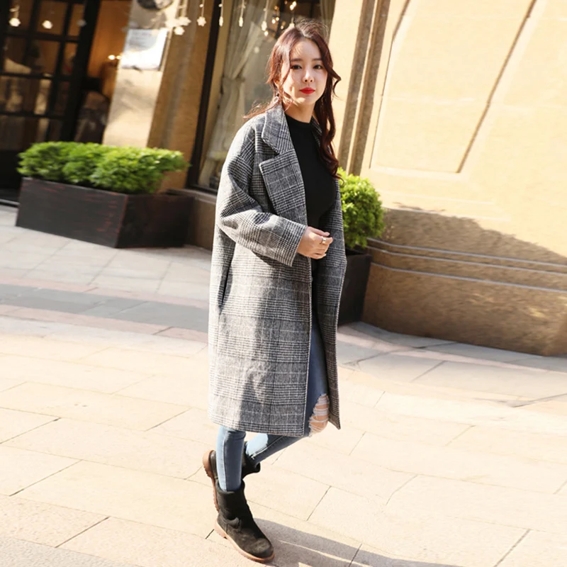 Новинка 2017 шерстяное пальто в клетку женское винтажное повседневное с лацканами