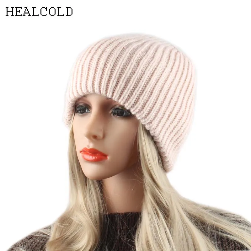 HEALCOLD Женская Зимняя кепка, толстые вязаные шерстяные теплые шапки, Женская Повседневная шапка Skullies Beanies