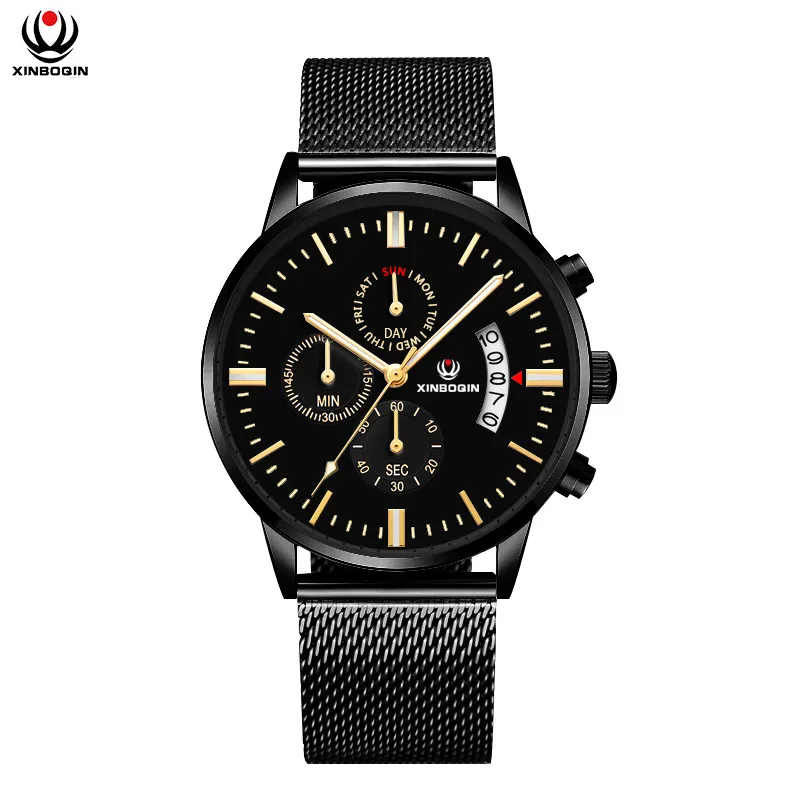 

XINBOQIN Brand Mens 100% Real Stainless Steel Mesh Strap Watches 3-Eye Calendar Wrist watch Japan Quartz Watch Casual Relojes
