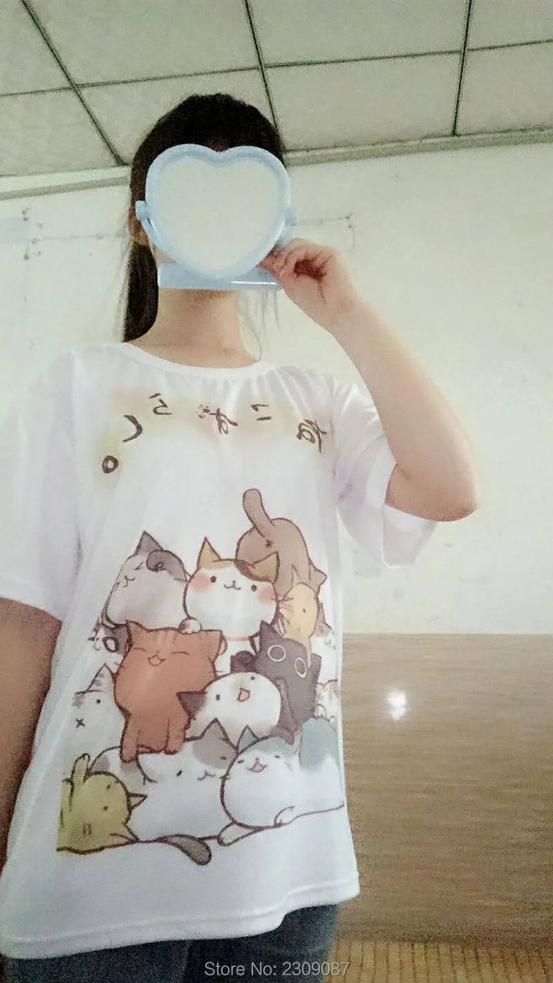 Футболки женские топ Лето кошка топы рубашка женская Neko Тройники Harajuku Футболка Японский Каваи Atsume Neko Аниме Мультфильм Cos Футболки Лолита Милый Кот Двор Случайные Топы Тройник Женская Одежда WXC