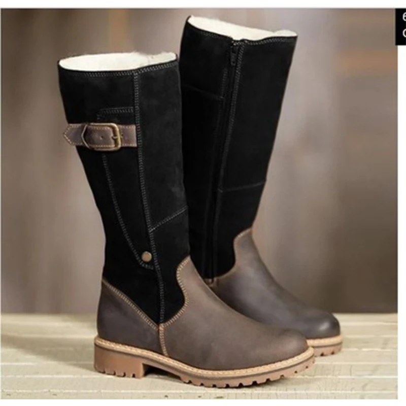 Plus Size 35-43 Winter Women Knee-High Boots Round Toe Buckle Decor 3CM Heels Female Shoes Fur Plush Insole Martin | Обувь