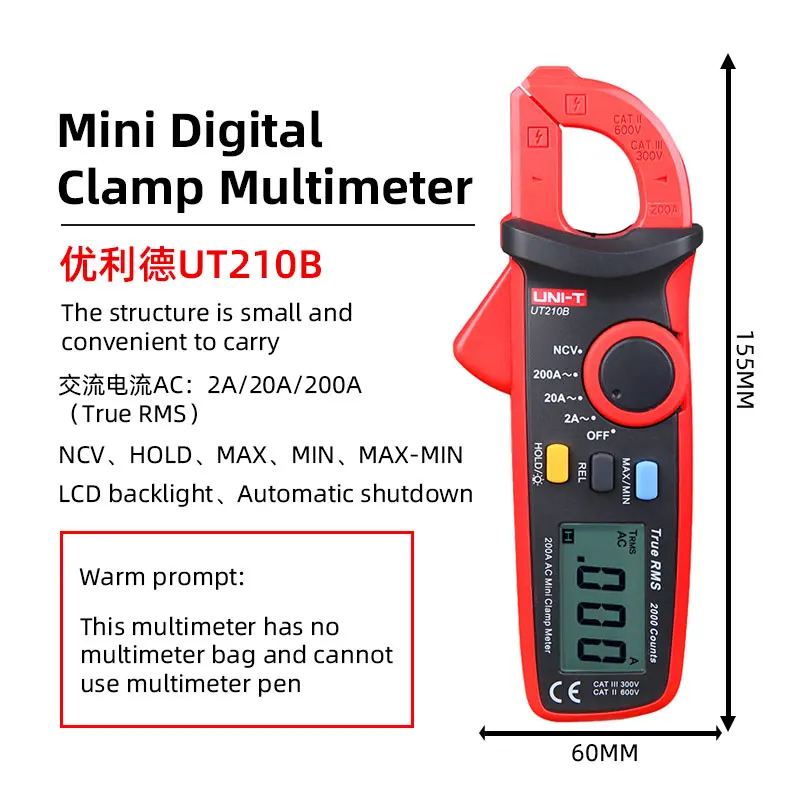 True RMS UNI-T UT210A/B/C/D/E мини мультиметр цифровой зажим мультиметр dc voltimetro amperimertro UNI T UT 210E dc клещи - Цвет: UT210B