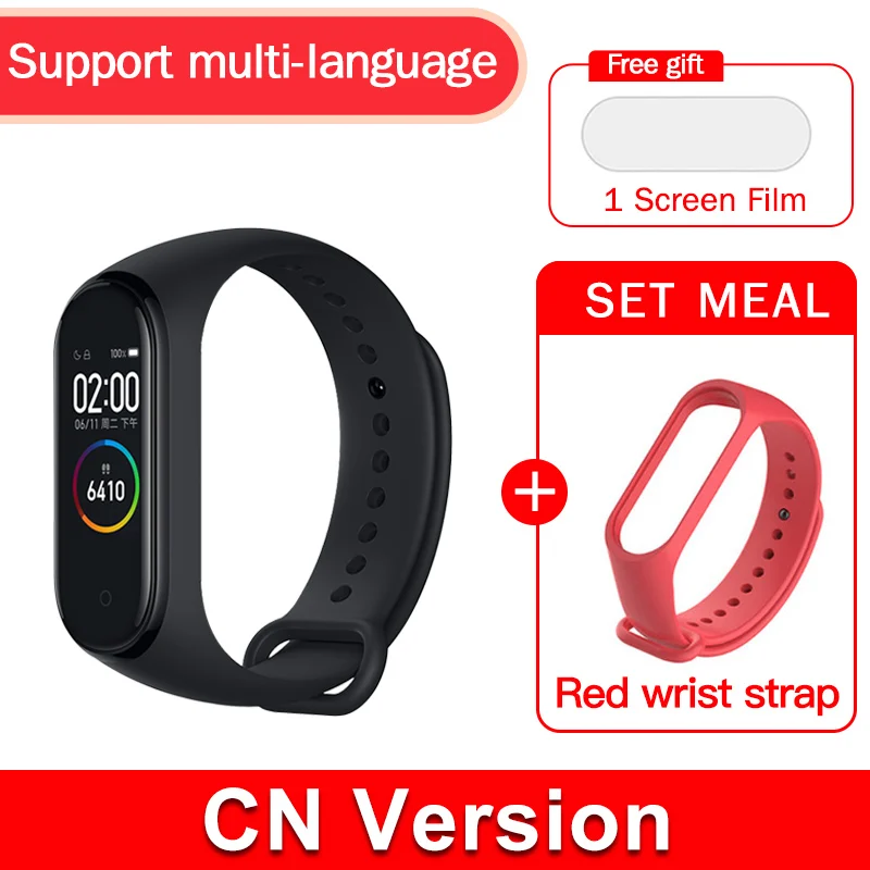 CN Add Red Strap Глобальная версия,, xiaomi mi band, 4 цвета, экран,, новейший музыкальный умный Браслет, пульсометр, фитнес, 135 мА/ч, bluetooth 5,0 - Цвет: CN Add Red Strap