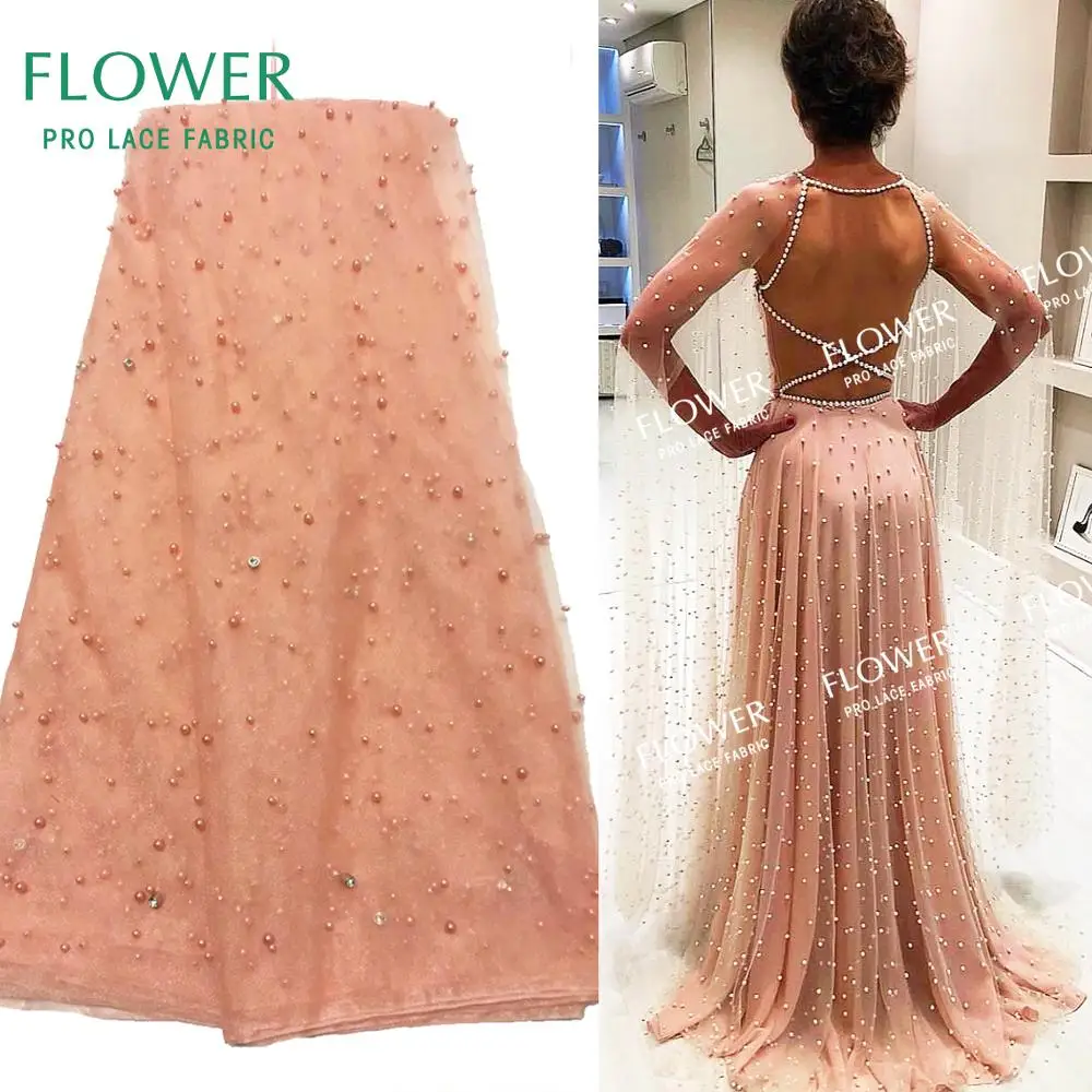 

African Net Lace Fabrics With Stones And Beads 2019 High Quality Peach Color Nigerian Guinea Noble Lady Prom Dresses Net Fabrics