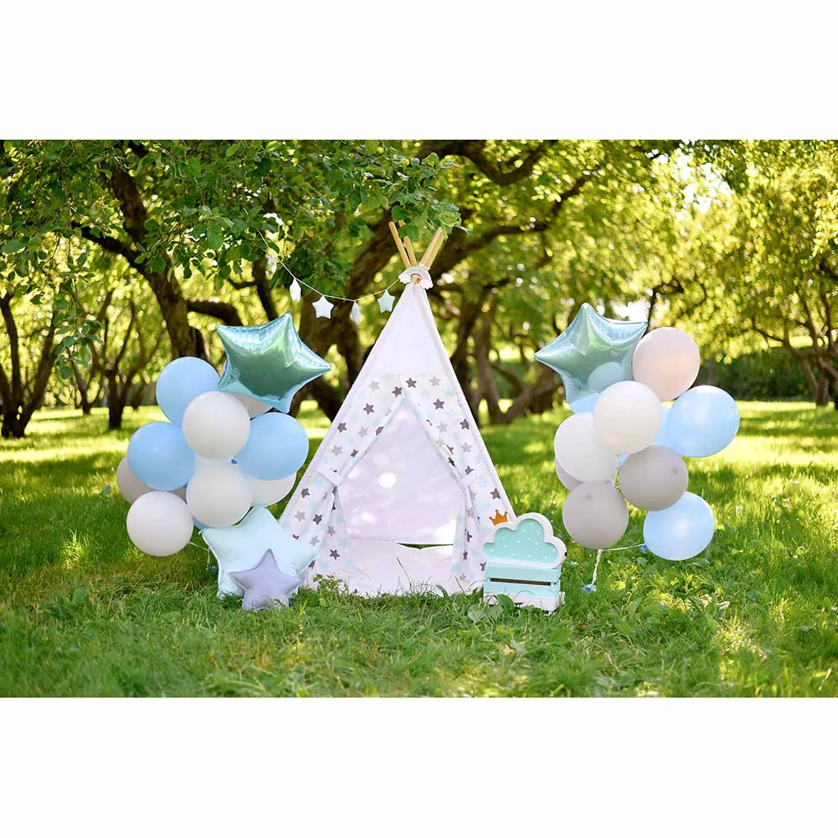 Allenjoy фото фон Wigwam teepee в саду синие и белые воздушные шары весенние луга детские