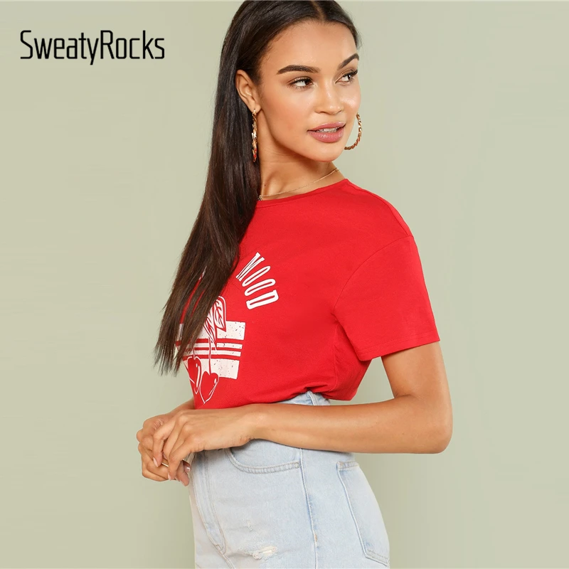 SweatyRocks неоновая Красная футболка с буквенным принтом Уличная Повседневная Женская футболка с коротким рукавом и топы летняя модная базовая футболка