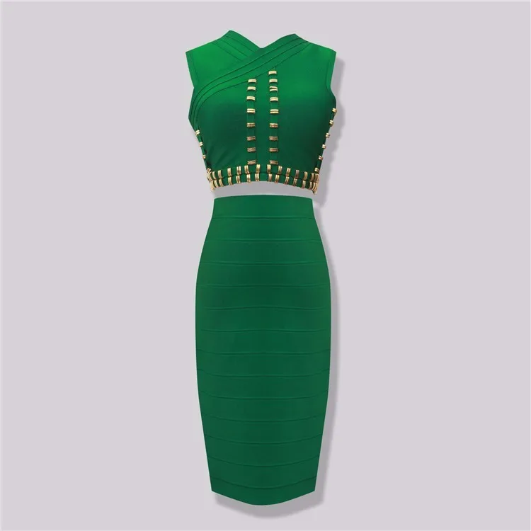 Высокое качество шипованных Двух Частей Бандажное платье 2016 новое телесного