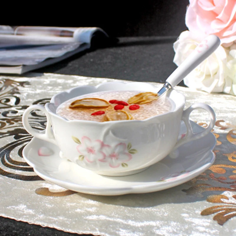 Керамическая миска и тарелка набор ложек для фруктового супа Basso-Relievo с цветами