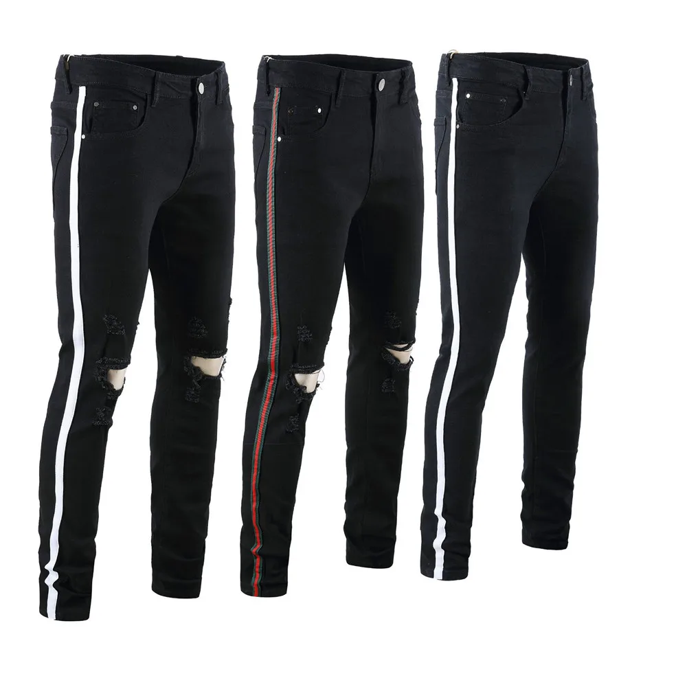 Черные обтягивающие джинсы для мужчин растягивающиеся рваные деловые