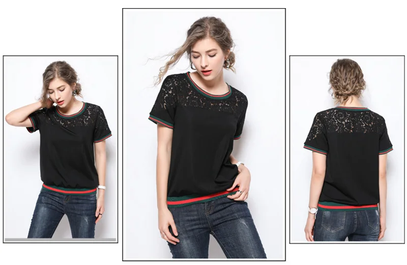 Femininas Blusas, женские блузки, летняя мода, Сексуальная Повседневная рубашка, топы, кружева, короткий рукав, круглый ворот, для отдыха, черного цвета, размера плюс l-5XL