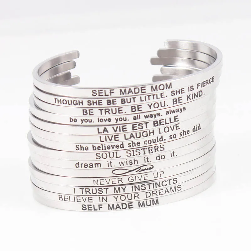 

2017 Silve Color Bracelet Bangle Stainless Steel Bar Engraved Positive Inspirational Quote Cuff Mantra Bracelet Bangle For Women
