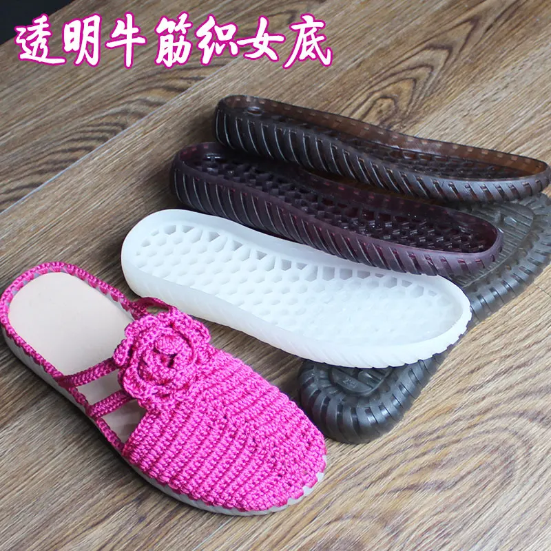 

Rubber soles autumn winter hooks soles transparent crystal shoes non-slip tendon bottom hand-knitted woolen slippers sandals