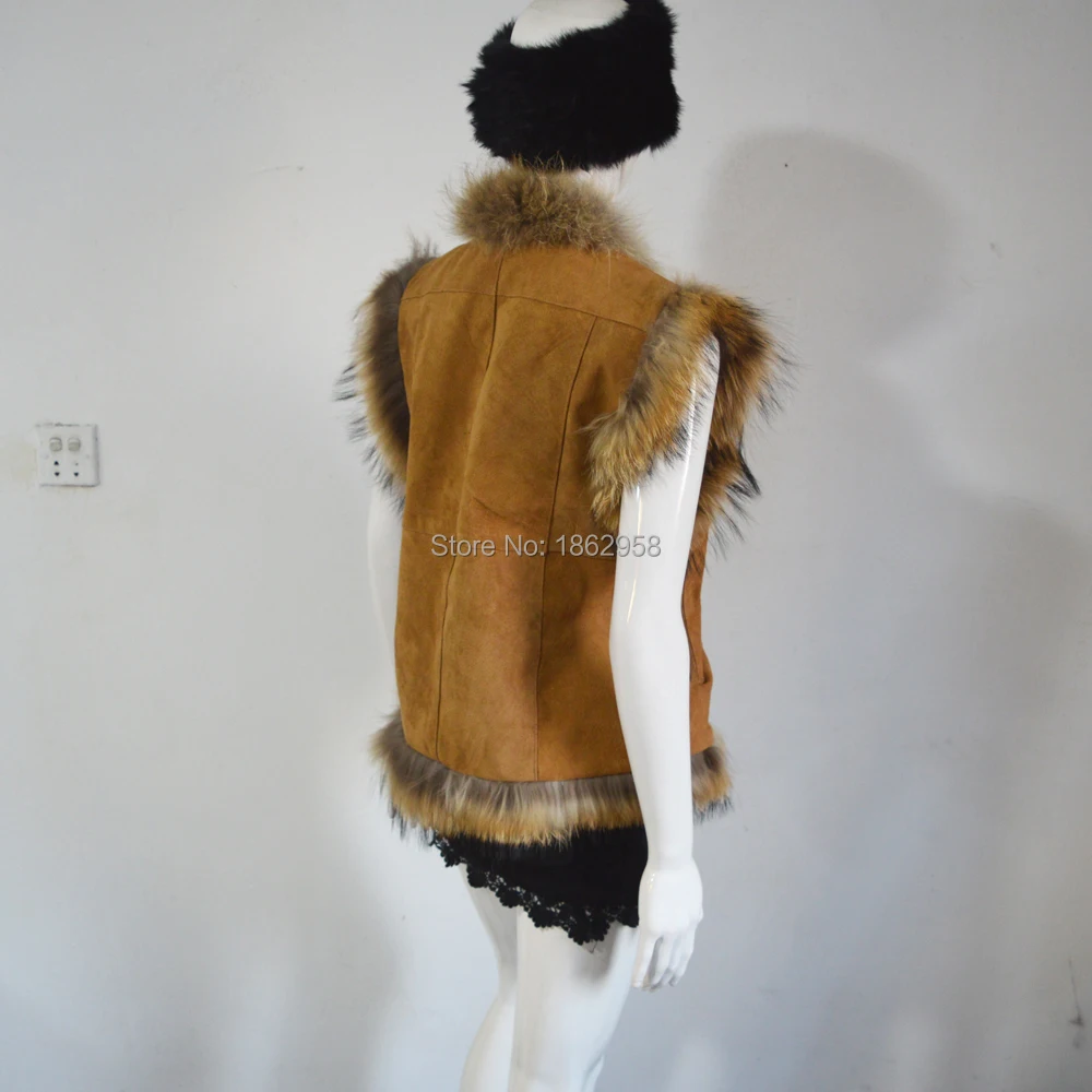 SJ185 Новая мода Свинья замша с мех енота/горячая Распродажа Модные женские Gilets
