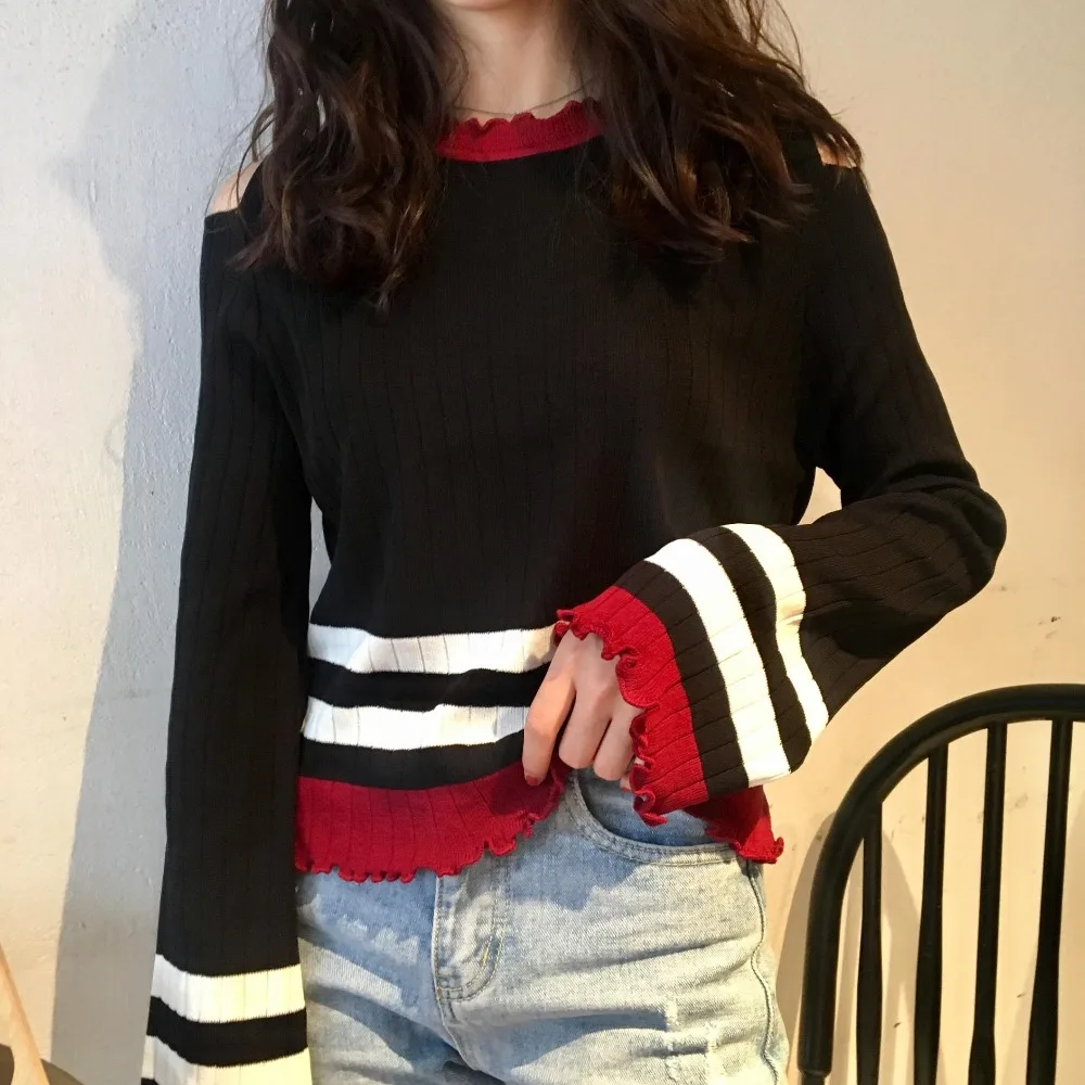 WHITNEY WANG 2018 Autumn Fashion Streetwear Korean Style Hollow out Shoulder Striped Sweater Women jumper pull femme Pullovers | Женская