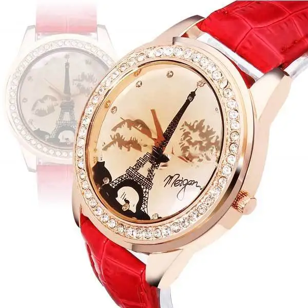 BluffCreek Fashion Leather Eiffel Tower Lip Crystal Women Quartz Wrist Watch | Красота и здоровье