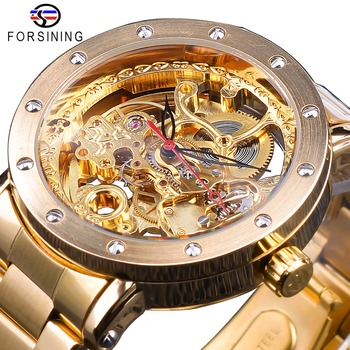 Forsining 2019 Fashion Full Golden Clock Flower Transparent Watches Black Red Pointer Men's Automatic Watches Top Brand Luxury