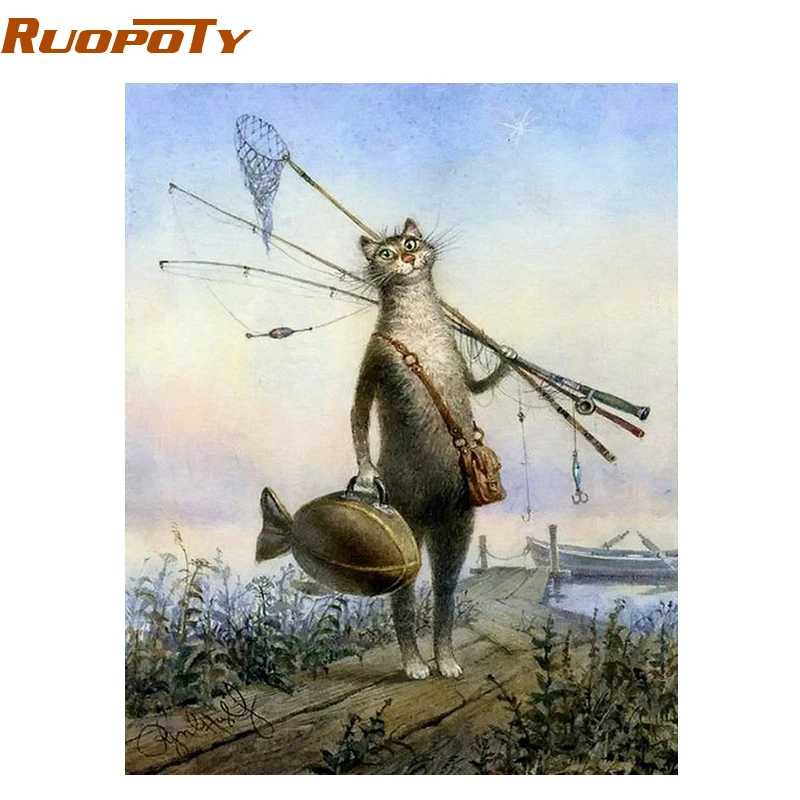 RUOPOTY рамка кошка Рыбалка животные Diy живопись по номерам набор Рисование краска