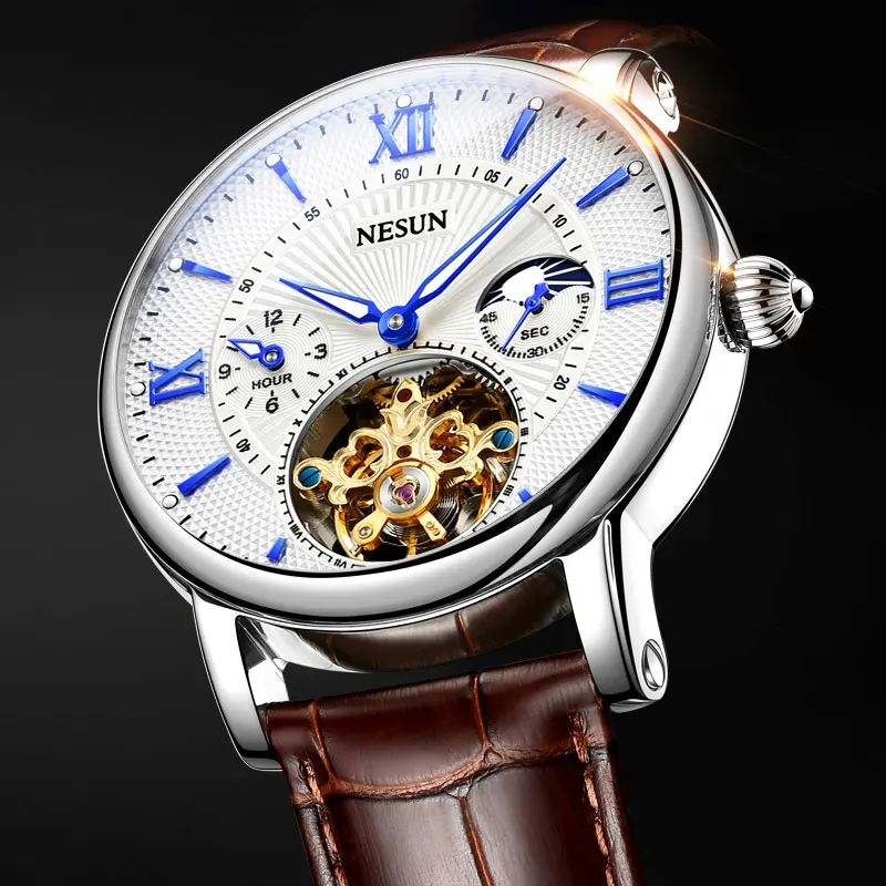 Silver-white Nesun оригинальные Роскошные Брендовые мужские турбийон автоматические механические часы модные спортивные кожаные часы Швейцария Relogio Masculino - Цвет: Silver-white
