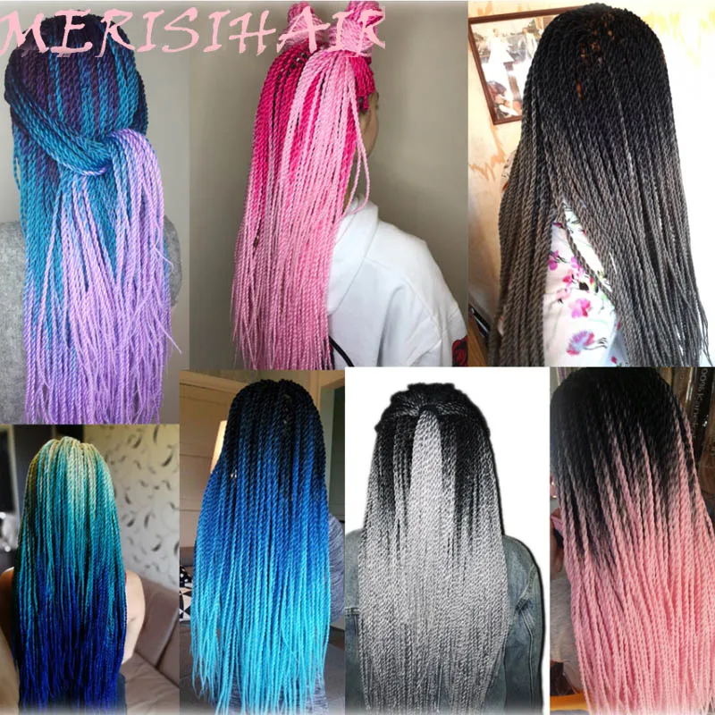 MERISIHAIR Ombre Сенегальские крученые волосы на крючках косички 24 дюйма 30 корней/упаковка синтетические косички волосы для женщин серый, синий, розовый, бро