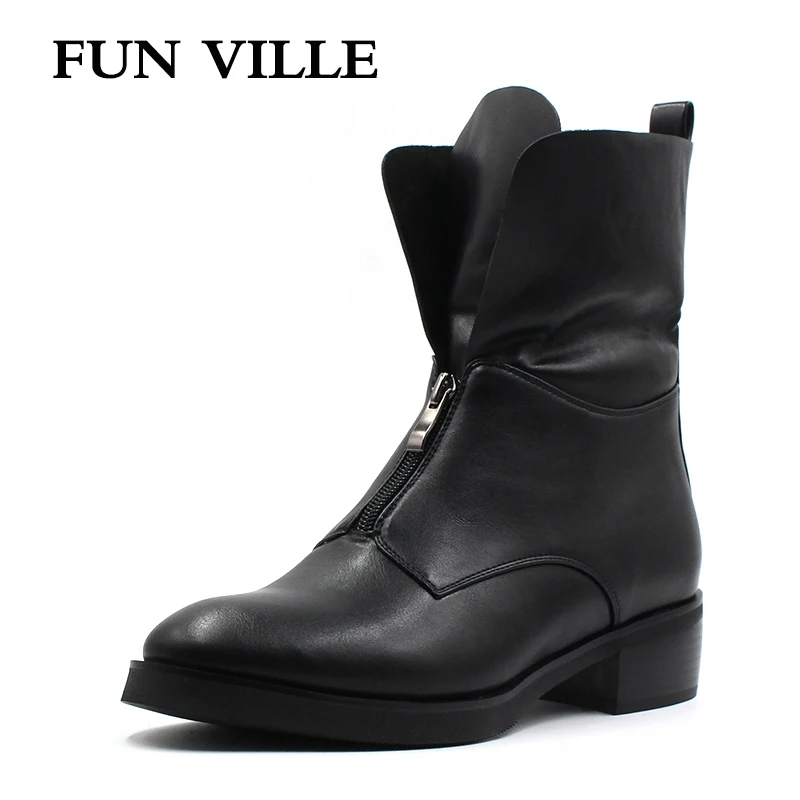 

FUN VILLE 2018 New Spring Autumn Women Ankle Boots Hign quality Flat Martin boots black Round Toe Zipper Size 37-42