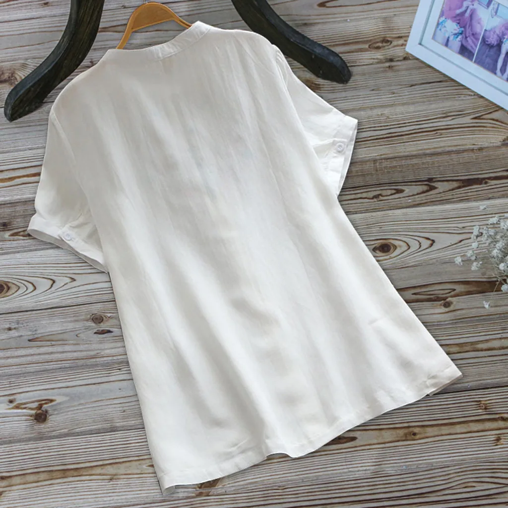 Женская винтажная блузка с вышивкой повседневный льняной Топ на пуговицах
