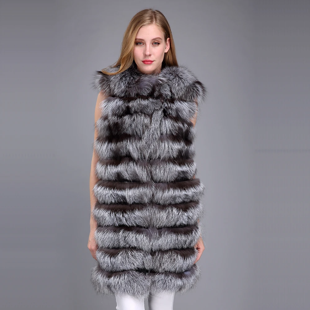 Real fox fur full pelt vest women with big collar long waistcoat natural new style silver | Женская одежда