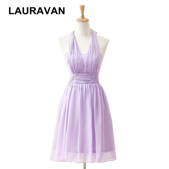 

Лавандовое vestido Настоящее модное милое ТРАПЕЦИЕВИДНОЕ короткое сиреневое женское шифоновое платье с лямкой на шее коктейльное платье для девочек