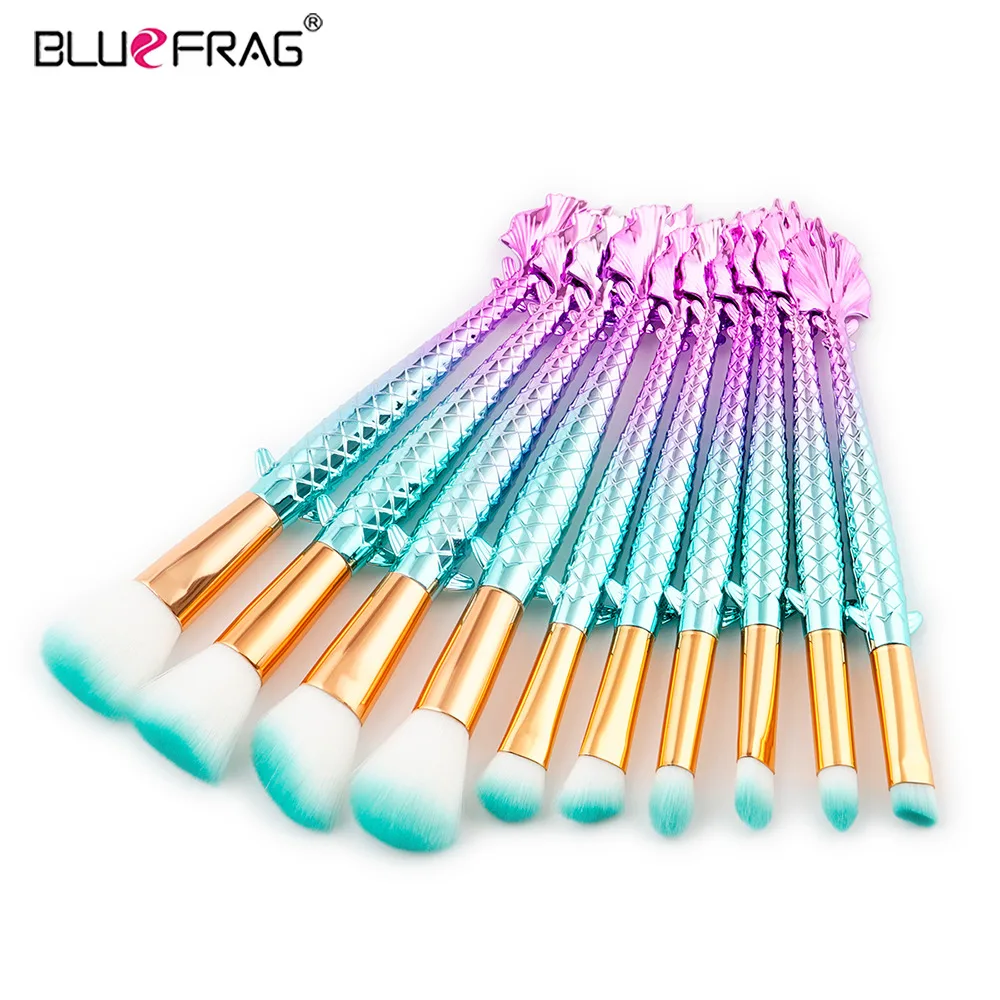 BLUEFRAG Mermaid Makeup Brushes 10pcs Professional Kit Contour Brush Eyeshadow Blending Brand Foundation Set | Красота и здоровье