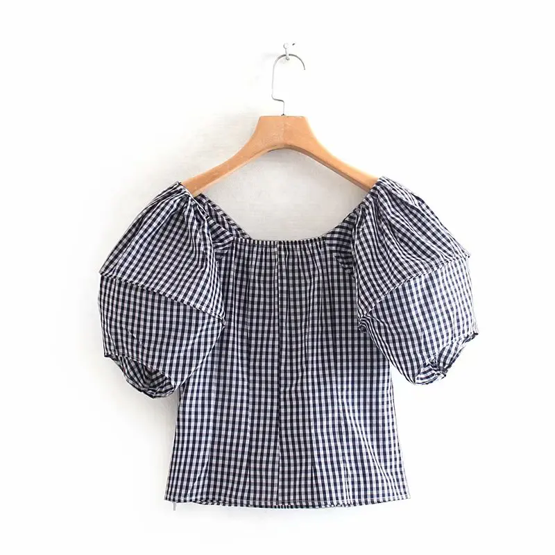 Новинка 2019 Женская винтажная клетчатая повседневная женская блузка с v образным