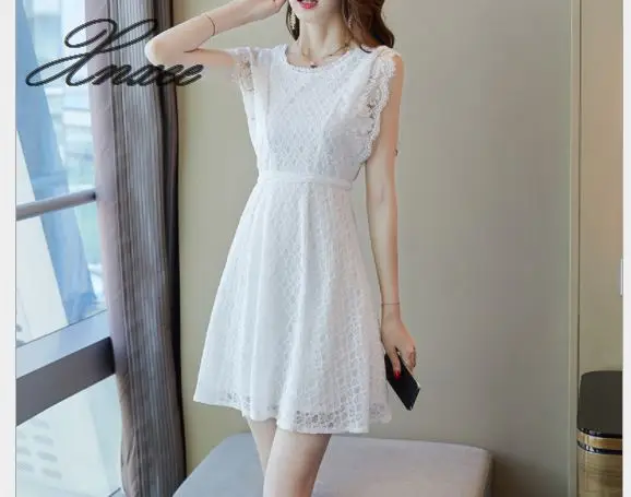 

2020 summer new lace temperament sleeveless dress A-line round neck slim dress