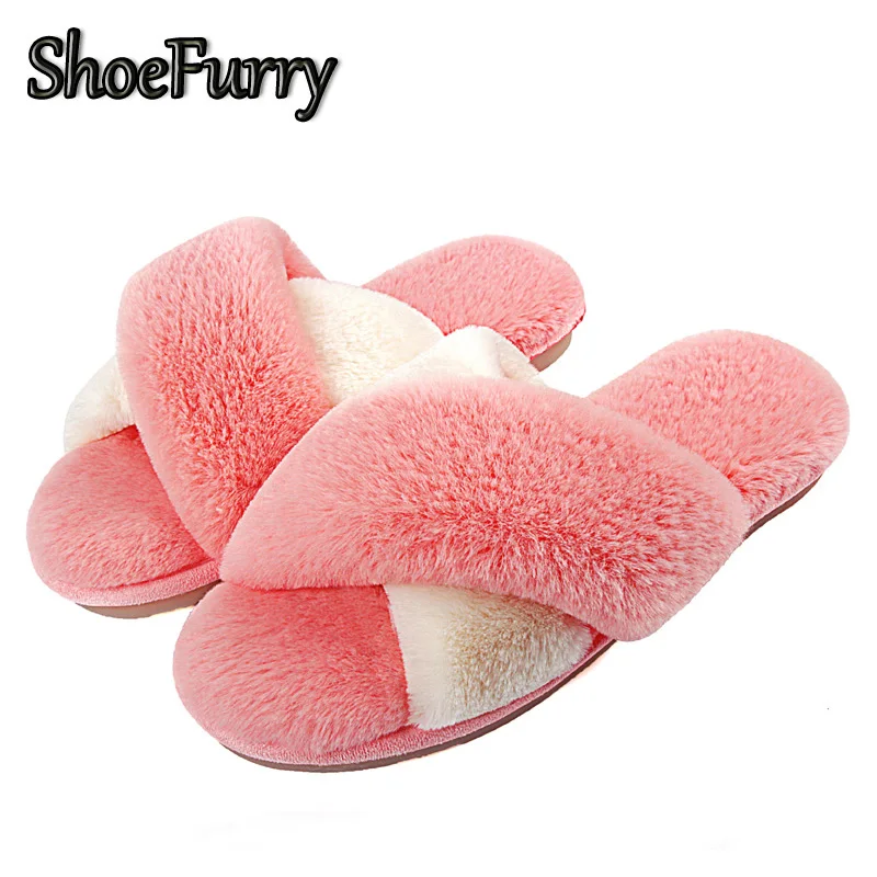 

ShoeFurry Women Fur Slippers Warm Cotton Shoes Antiskid Rubber Shoe Woman Home Slippers Sweet Winter Plush Female Furry Slippers