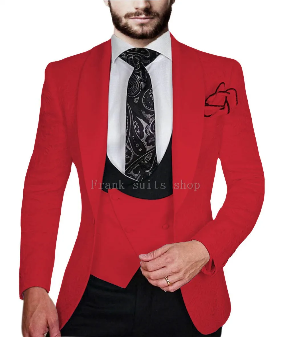 

Мужской Жаккардовый костюм на одной пуговице, красно-белый костюм с брюками, смокинг, большая шаль, свадебный костюм, индивидуальный стиль, 3 предмета, 2023