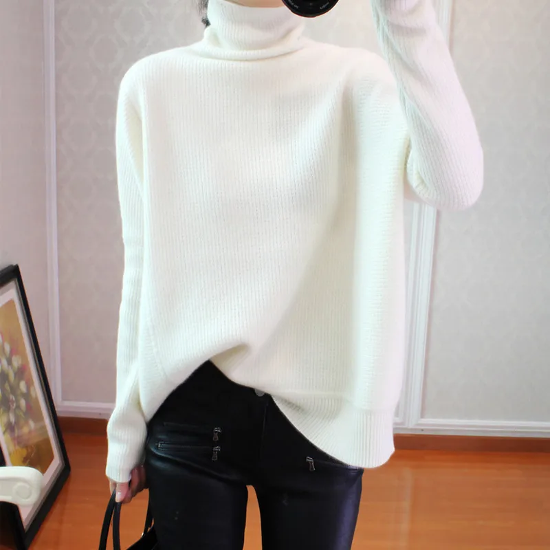 201 new cashmere sweater female high collar Korean version of lazy loose pullover solid color large size bottoming shirt | Женская