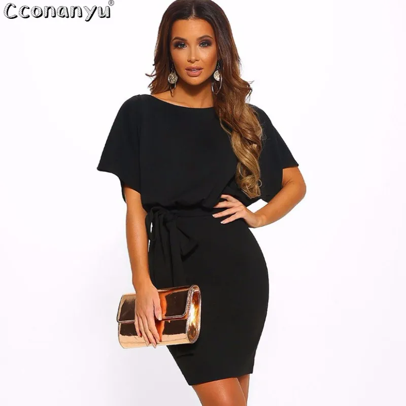 Женское платье с коротким рукавом облегающее мини поясом лето 2019|Женские платья|