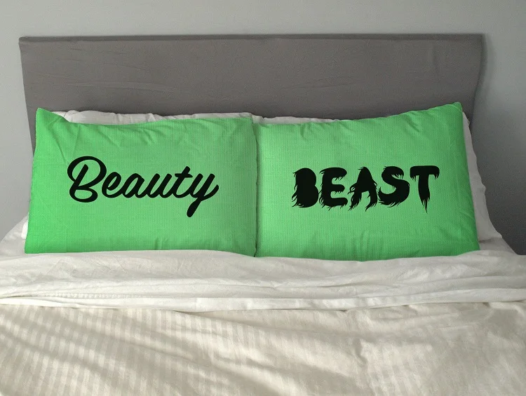 Quirky Funny Beauty and Beast Pillowcase Set Pillow Case Pillowcases Custom Fun Wedding Valentine Gift White Cyan Pink Orange | Дом и сад